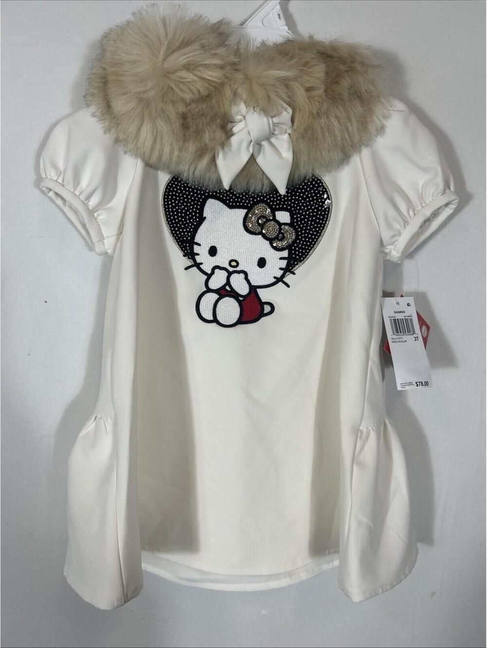$78 Hello Kitty Girl's Kid's Ivory Hello Kitty Faux Fur Neck Dress 5